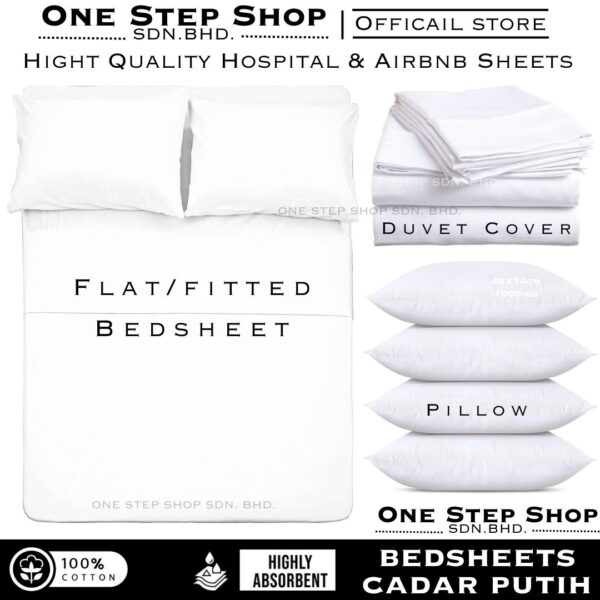 White Bed Sheet Hospital | Airbnb Bedsheet Flat | Fitted | Duvet Plain Cotton Pillow Case Cadar Putih Single Queen King